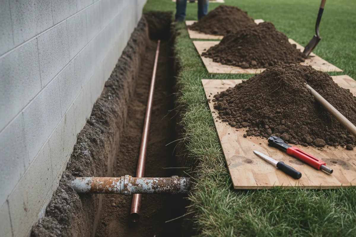 Excavated water line trench during Sewer Line Repair in Markleysburg